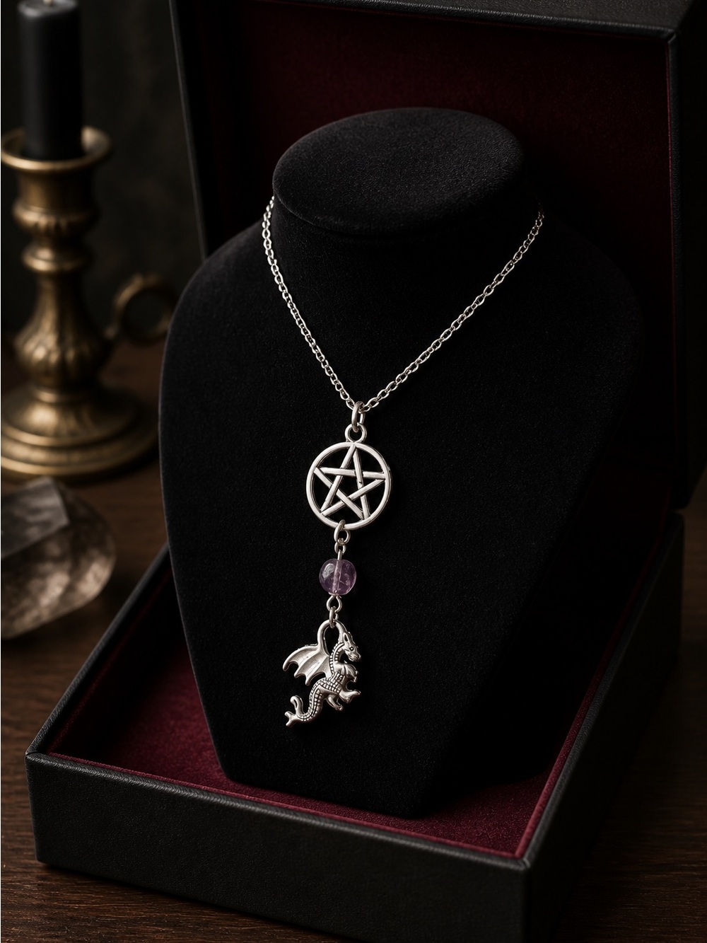 Silver Dragon Pentagram Necklace with Amethyst Bead